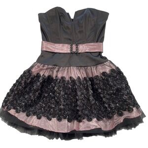 Jessica McClintock Gunne Sax Dress Juniors 7 Black Pink Strapless Tulle Mini Y2K